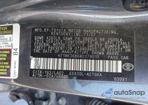2008 Toyota Avalon Xls z USA, uszkodzony, nr VIN 4T1BK36B68U279015
